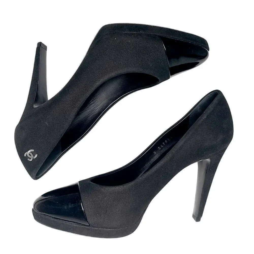 Chanel Interlocking CC Logo Black Fabric Pumps EU 38 US 7-7.5 Cap Toe High Heels